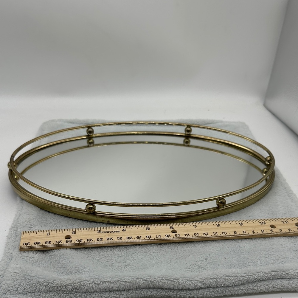 Vintage GoldTone Hollywood Regency Oval Vanity Mirror Tray With Decorative Rail